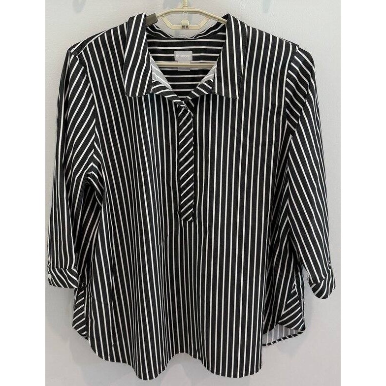 Chicos No Iron Chic Stretch Gray Stripe 3/4 Sleeve Popover Button Back Size 3 16